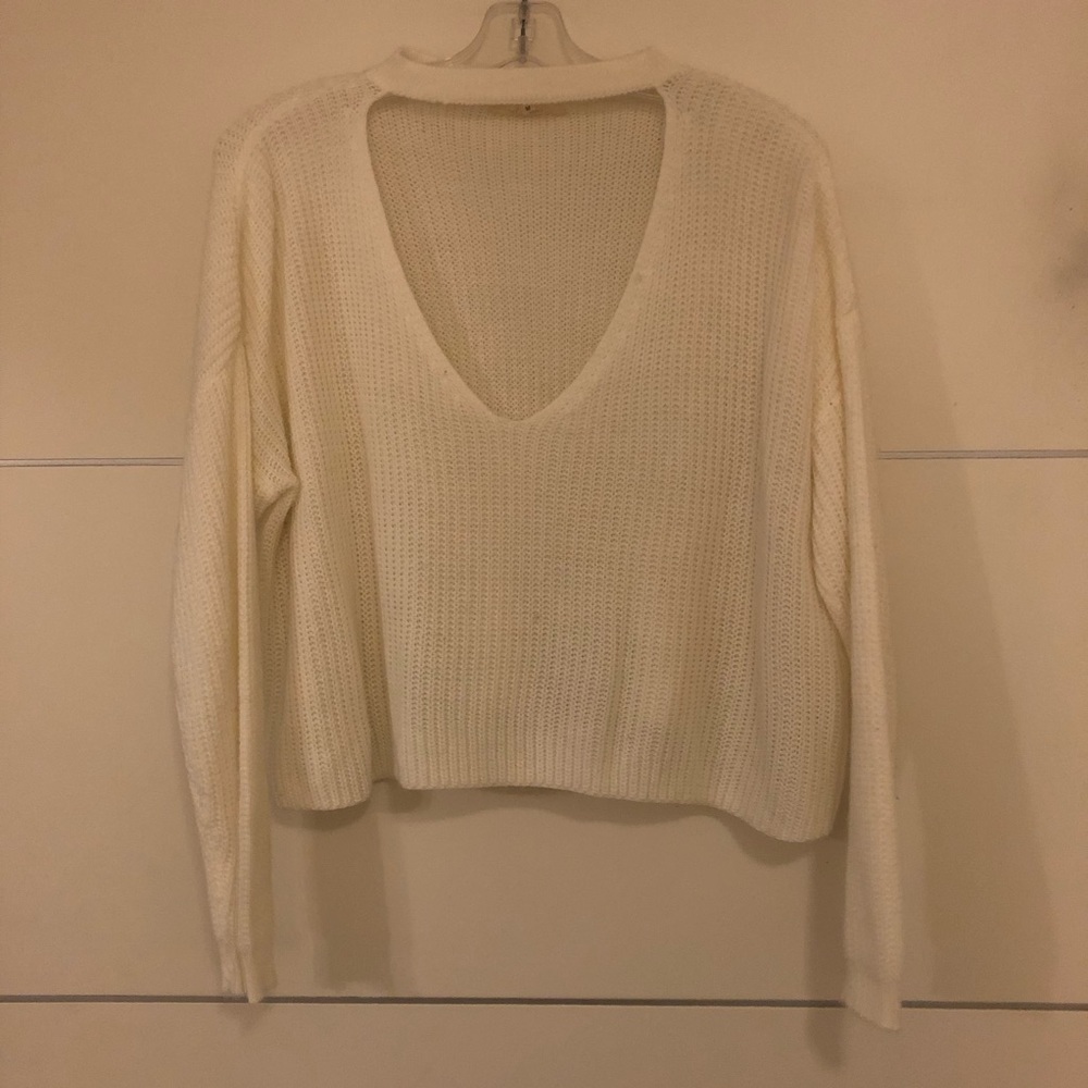 White Crop Sweater with mock cut out neck